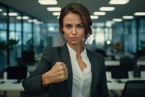 Confident Businesswoman Showing a Fighting Pose, Beautiful Manager Gestures Raising Fists in Modern Office, Female Entrepreneur Fights a Problem photo