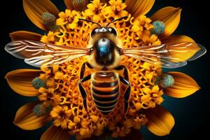 Epic Macro Photography Shot of Honey Bee. Closeup View of Working Bees. Generative Ai photo