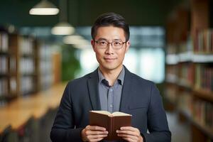 Portrait of Happy Asian Male Teacher with a Book in School, Young Man Tutor Smiling and Looking at the Camera photo