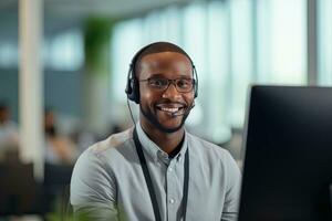 retrato de un hermoso africano hombre, cliente Servicio operador, llamada centrar trabajador hablando mediante auriculares con cliente en moderno oficina. foto