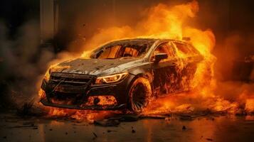 Car on Fire Accident, Burning Car Background, Car Insurance Concept. Generative Ai photo