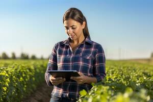 Portrait of Female Farmer Using Tablet in the Farm, Observes and Check Growth Plants, Agriculture Smart Farming Concept photo