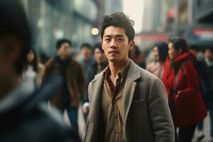 Asian Man Walking in Modern City, Handsome Asia Guy Walks on a Crowded Pedestrian Street. photo