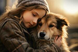 Little Girl Hugging her Dog with Warm Light Background, Kid Hugs a Stray Dog to Conveying a Sense of Love. photo