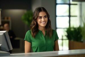 Portrait of Smiling Receptionist Female Greeting Client, Happy Business Woman Reception in Modern Office photo