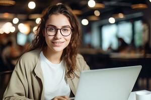 retrato de hermosa europeo hembra estudiante aprendizaje en línea en café comercio, joven mujer estudios con ordenador portátil en cafetería, haciendo deberes foto