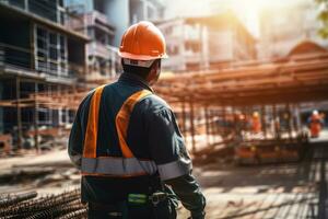 construcción trabajador vistiendo la seguridad uniforme, Ingenieria trabajos en edificio construcción sitio, civil ingeniero observa y comprobación el proyecto foto