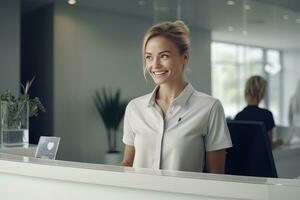 Portrait of Smiling Receptionist Female Greeting Client, Happy Business Woman Reception in Modern Office photo