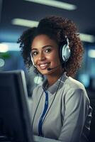 retrato de un hermosa africano cliente Servicio operador, llamada centrar trabajador hablando mediante auriculares con cliente en moderno oficina. foto