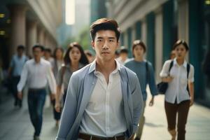 Asian Man Walking in Modern City, Handsome Asia Guy Walks on a Crowded Pedestrian Street. photo