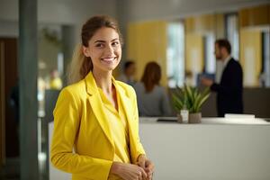 Portrait of Smiling Receptionist Female Greeting Client, Happy Business Woman Reception in Modern Office photo