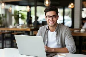 Portrait of Cheerful Male Student Learning Online in Coffee Shop, Young European Man Studies with Laptop in Cafe, Doing Homework photo