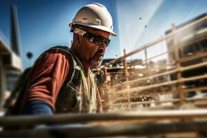 Construction Worker Wearing Safety Uniform, Engineering Works on Building Construction Site, Civil Engineer Observes and Checking the Project photo