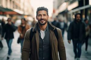 Stylish Latin Man Walking in Modern City, Handsome Latin Guy Walks on a Crowded Pedestrian Street. photo