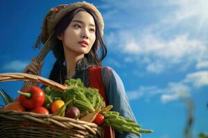 Asian Female Farmer with Basket of Fresh Vegetables, Presenting Organic Vegetables, Healthy Food photo