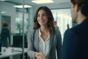 Portrait of Smiling Receptionist Female Greeting Client, Happy Business Woman Reception in Modern Office photo