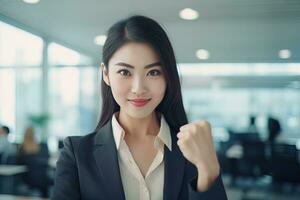 Asian Businesswoman Showing a Fighting Pose, Beautiful Manager Gestures Raising Fists in Modern Office, Female Entrepreneur Fights a Problem, Celebrate Success and Achieving Goals photo