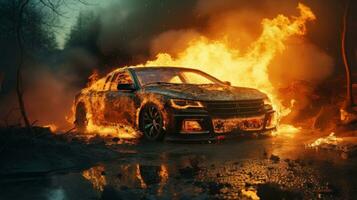 Car on Fire Accident, Burning Car Background, Car Insurance Concept. Generative Ai photo