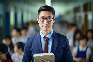 retrato de contento asiático masculino profesor con un libro en escuela, joven hombre tutor sonriente y mirando a el cámara foto