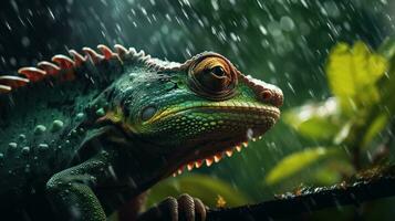 Epic Photography Shot of Chameleon on Rainy Day. Lively Rainy Season Concept. Generative Ai photo