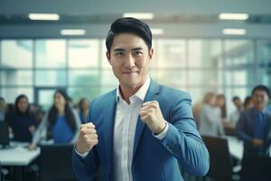 Asian Businessman Showing a Fighting Pose, Male Entrepreneur Gestures Raising Fists in Modern Office, Fights a Problem, Celebrate Success and Achieving Goals. photo