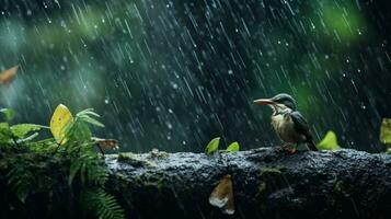 Epic Photography Shot of Bird on Rainy Day. Lively Rainy Season Concept. Generative Ai photo