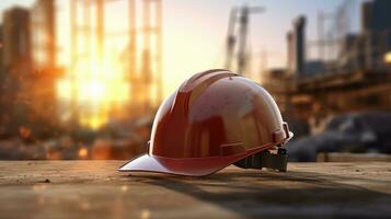 Safety Construction helmet on Table, Hard Cap, Construction Site Blur Background. photo