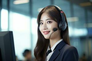 Portrait of a Beautiful Asian Customer Service Operator, Call Center Worker Talking Through Headset with Customer in Modern Office. photo