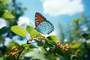 hermosa mariposa rodeado por flores y hojas azul cielo antecedentes. generativo ai foto