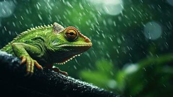 Epic Photography Shot of Chameleon on Rainy Day. Lively Rainy Season Concept. Generative Ai photo