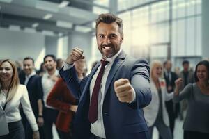 Confident Businessman Showing a Fighting Pose, Handsome Manager Gestures Raising Fists in Modern Office, Male Entrepreneur Fights a Problem photo