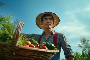 asiático masculino granjero con cesta de Fresco verduras, presentación orgánico verduras, sano comida foto