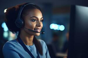 retrato de un hermosa africano cliente Servicio operador, llamada centrar trabajador hablando mediante auriculares con cliente en moderno oficina. foto