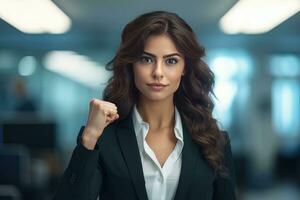 confidente mujer de negocios demostración un luchando pose, hermosa gerente gestos levantamiento puños en moderno oficina, hembra empresario peleas un problema foto