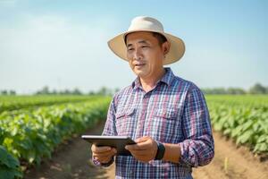 Portrait of Male Farmer Using Tablet in the Farm, Observes and Check Growth Plants, Agriculture Smart Farming Concept photo