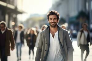 Stylish Latin Man Walking in Modern City, Handsome Latin Guy Walks on a Crowded Pedestrian Street. photo