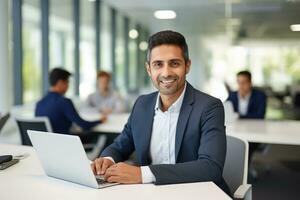 Handsome Latin Businessman Working with Computer, Male Manager Works in Modern Office, Analysis Data Statistics and Business Planning. photo