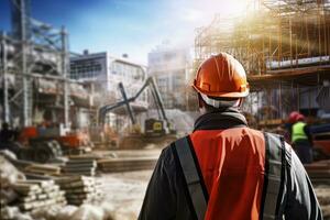 Construction Worker Wearing Safety Uniform, Engineering Works on Building Construction Site, Civil Engineer Observes and Checking the Project photo