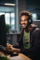Portrait of a Handsome African Man, Customer Service Operator, Call Center Worker Talking Through Headset with Customer in Modern Office. photo
