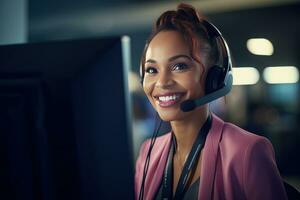 Portrait of a Beautiful African Customer Service Operator, Call Center Worker Talking Through Headset with Customer in Modern Office. photo