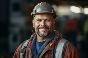 retrato de alegre trabajadores vistiendo la seguridad uniforme, construcción Ingenieria trabajos en edificio construcción sitio, observa y comprobación el proyecto. foto