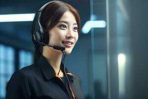 Portrait of a Beautiful Asian Customer Service Operator, Call Center Worker Talking Through Headset with Customer in Modern Office. photo