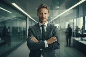 Happy Businessman Standing in Modern, Successful Male Manager Smiling and Looking at the Camera photo