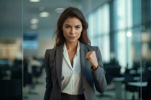 Confident Businesswoman Showing a Fighting Pose, Beautiful Manager Gestures Raising Fists in Modern Office, Female Entrepreneur Fights a Problem photo