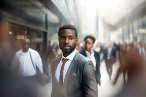 negro empresario caminando en moderno ciudad, hermoso hombre camina en un concurrido peatonal calle, africano gerente rodeado por difuminar personas en ocupado calle. foto