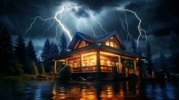 House on Heavy Lightning Thunder Strom Background, Home Insurance Concept. Generative Ai photo