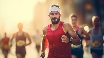 masculino corriendo maratón con otro corredores en un calle de moderno ciudad. hermoso joven hombre corriendo para sano vida. foto