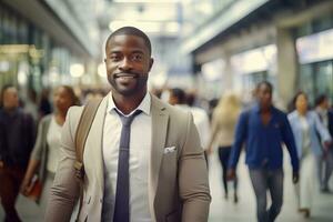 Black Businessman Walking in Modern City, Handsome Man Walks on a Crowded Pedestrian Street, African Manager Surrounded by Blur People on Busy Street. photo