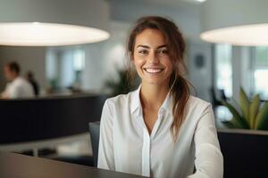 Portrait of Smiling Receptionist Female Greeting Client, Happy Business Woman Reception in Modern Office photo