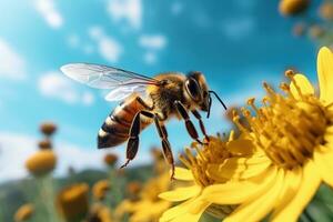 Epic Macro Photography Shot of Honey Bee. Closeup View of Working Bees. Generative Ai photo